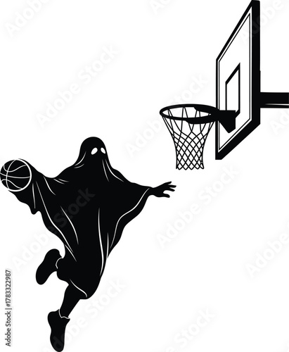 Ghostly basketball player in mid air aiming for the hoop silhouette