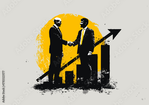 Zwei Geschäftsmänner schütteln Hände vor einem Aufwärtstrenddiagramm und einem gelben Kreis im Hintergrund.