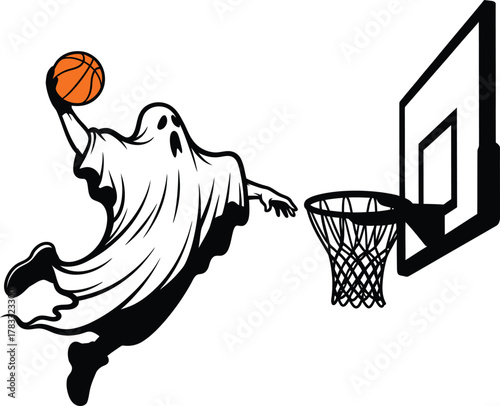 Ghostly basketball player prepares for slam dunk spooky sports design