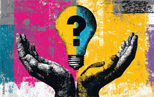 Zwei Hände halten eine zerteilte Glühbirne mit einem Fragezeichen, die eine Idee symbolisiert.