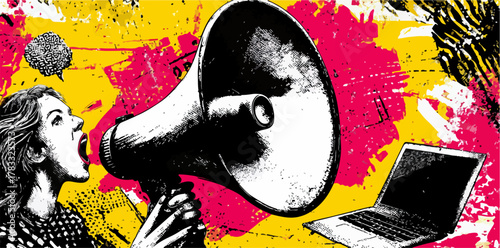 Eine Frau schreit laut in ein Megafon, um ihre Botschaft zu verbreiten, während ein Laptop daneben steht.