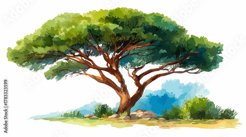 Eine wunderschöne Akazienbaum-Illustration mit üppiger grüner Krone in einem malerischen Aquarellstil.