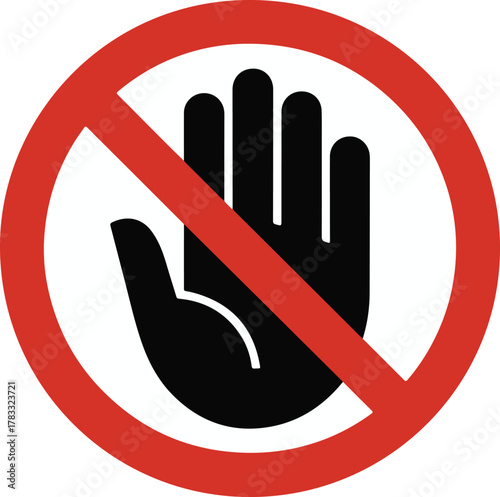 Hand symbol inside a red prohibition circle sign hand, symbol, red, prohibition, circle, sign, stop, warning, restriction, forbidden, palm, gesture, black, white, graphic, illustration, icon, danger, 
