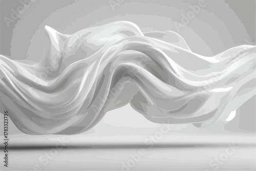 Abstrakte fließende weiße Stofftextur mit sanften Schatten und Lichtakzenten auf hellem Hintergrund.