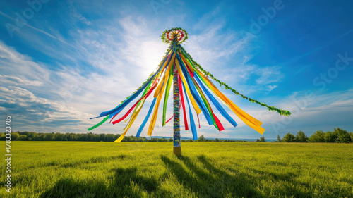 A colorful maypole stands in a sunny field. The pole is adorned with vibrant ribbons and greenery, symbolizing midsummer celebrations.