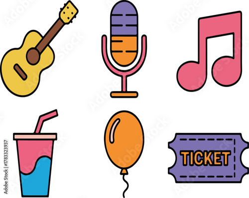 Icons depicting music and party related objects guitar, microphone, note, drink, balloon, ticket, music, party, icon, cartoon, graphic, illustration, clipart, object, yellow, purple, orange, pink, 