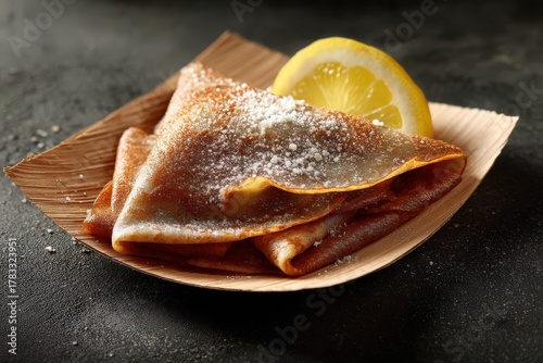 Deliciously served sweet crepes with powdered sugar and a lemon wedge highlighting culinary artistry and indulgent flavors captured with clarity