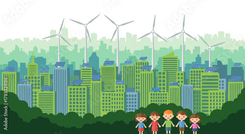 Children Holding Hands in a Sustainable Green City, Featuring Eco-Friendly Buildings, Wind Turbines, and Solar Panels for a Clean Energy Future