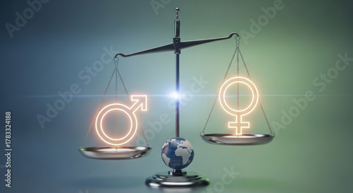 Gender equality balance concept, male and female symbols on scales, equal rights and opportunities