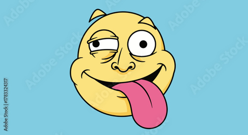 Cartoon face with tongue sticking out and one eye closed on blue background.