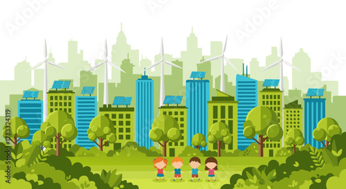 A concept illustration of a modern ecological city powered by renewable wind and solar energy sources