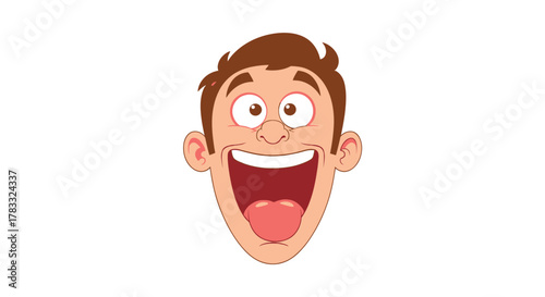 Cartoon illustration of a man's face with a wide, excited expression.