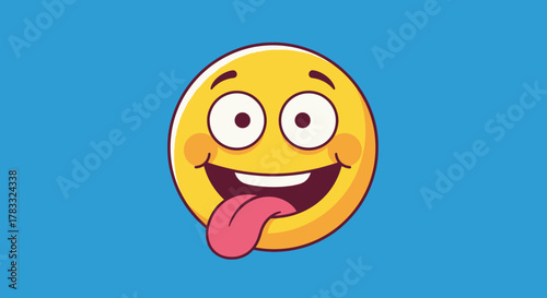 A silly yellow cartoon emoji with wide eyes and a long pink tongue sticking out on a blue background.