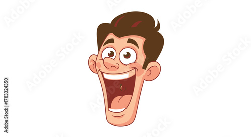 Cartoon illustration of a smiling man with brown hair and open mouth, expressing happiness.