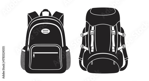 Vector illustration set of two backpacks, a school bag and a hiking rucksack, isolated on a white background.