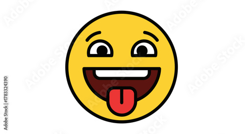 A bright yellow cartoon emoji with wide eyes, a big open-mouthed smile, and a red tongue sticking out.