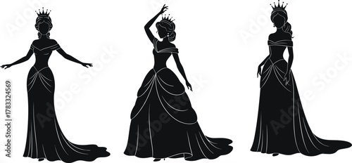 Princess silhouette, queen vector, royal fashion art, elegant gown illustration, crown design, regal pose, cad drawing flat vector illustration