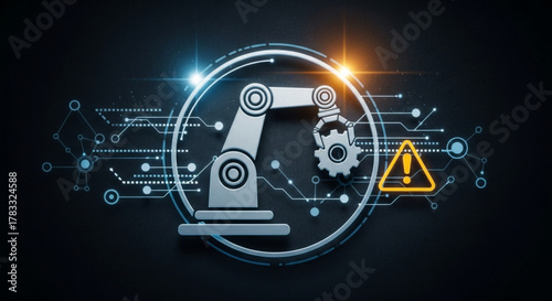 Automated manufacturing robot arm with warning sign for industrial automation and safety concept design