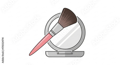 Illustration of makeup compact mirror and brush for beauty and personal care product promotion use case
