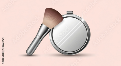 Makeup brush and compact mirror illustration for beauty and personal care product marketing and promotion