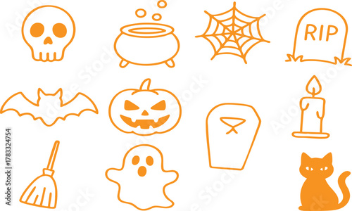 Cute Orange Halloween Vector Icons Collection: Spooky Outline Set for Holiday Designs