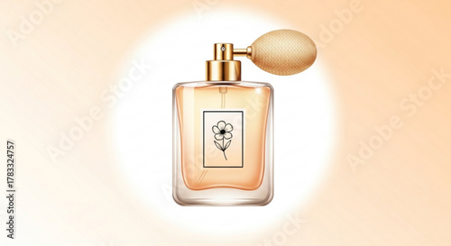 Vintage perfume bottle with atomizer and flower design for fragrance and beauty product presentation mockup