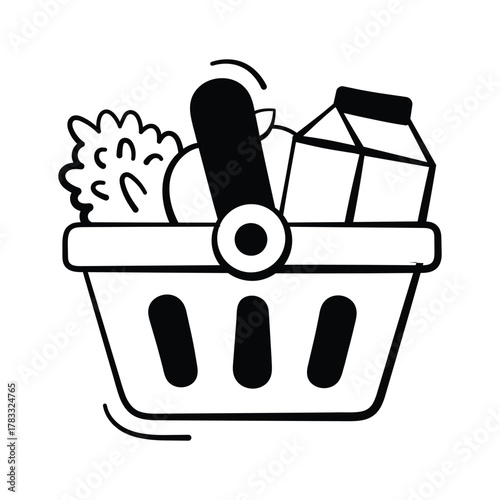 Shopping basket doodle icon, groceries and online retail purchases