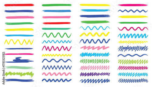 Colorful Hand Drawn Brush Strokes and Wavy Lines Keywords: brush stroke, wavy line, hand Vector