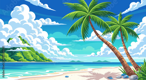 A serene tropical beach with swaying palm trees under a vibrant blue sky with fluffy clouds, overlooking a calm ocean and a distant green island