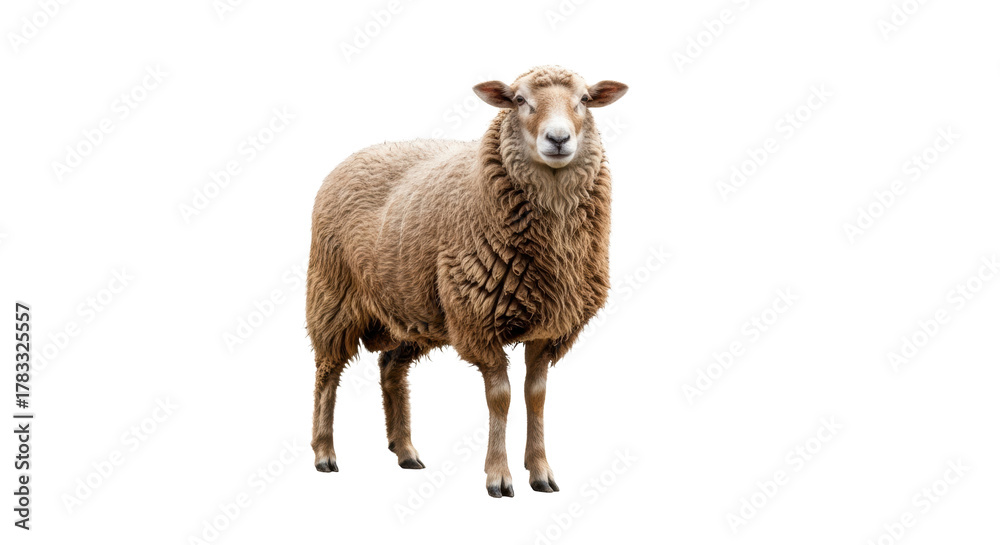 Fototapeta premium A pristine, healthy domestic sheep with shaggy light brown fleece stands calmly, looking at camera, full-body on brilliant white studio background with copy space, concept of purity and sustainability