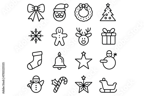 Christmas Outline Icon Set Tree, Bow, Santa, Wreath, Reindeer, Gingerbread, Sleigh, Bell, Star, Stocking, Gift, Snowman, Snowflake, Candy, Holiday Vector Pack