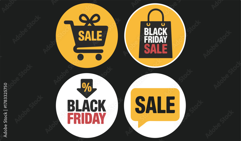 Fototapeta premium Four circular black friday sale themed illustrations sale, friday, black, shopping, discount, offer, promotion, retail, commerce, marketing, event, seasonal, holiday, cart, bag, percentage, 