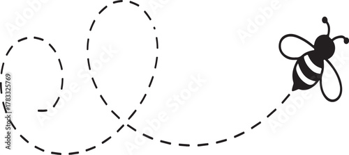 Cartoon bee flying with dotted line path on white bee, cartoon, dotted, line, path, flight, flying, insect, animal, buzz, wing, antenna, stripe, trail, illustration, graphic, vector, design, isolated,