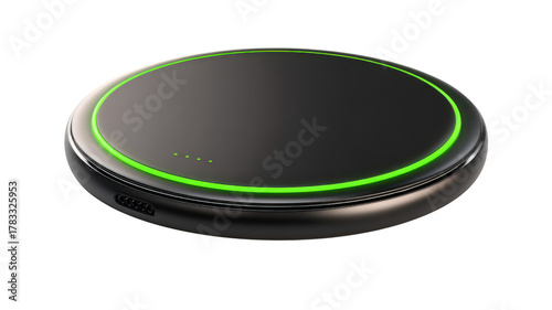 Modern black wireless charging pad with glowing green light ring representing advanced technology innovation and electronic gadget concept on white background