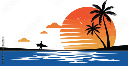 A surfer silhouette by palm trees at sunset beach sunset, beach, surfer, silhouette, palms, trees, ocean, water, birds, sun, sea, tropical, sky, coast, waves, sand, surfboard, vacation, relaxation, 