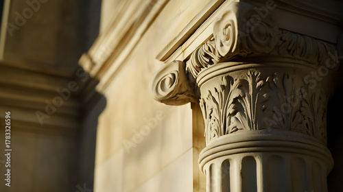 Ornate architectural pillar standing strong, showcasing intricate designs and a timeless, classical style. Captivating textures and shadows highlight the building's structure.
