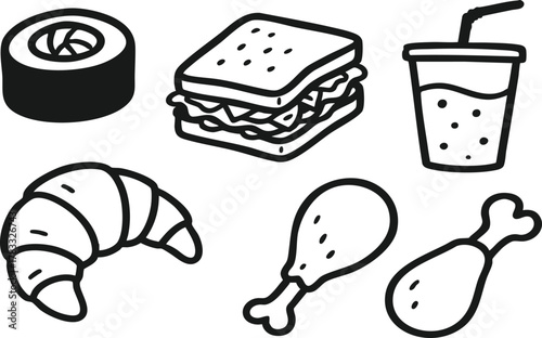 Diverse Food and Drink Line Art Icons Set: Sushi, Sandwich, Croissant, Chicken Legs, and Beverage Doodles.