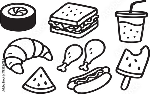 Black and White Doodle Food Icons: Fast Food, Snacks & Desserts Collection
