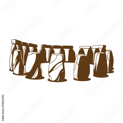 Brown and white illustration of stonehenge vintage art against a clean white background