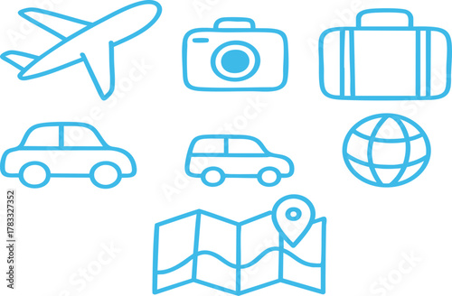 Travel and Tourism Icons Set: Vacation Planning, Transportation, and World Exploration Symbols in Blue Outline