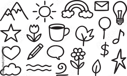 Hand-Drawn Doodle Icon Set. Simple black outline illustrations featuring nature, everyday objects, and universal symbols for minimalist and creative design projects.