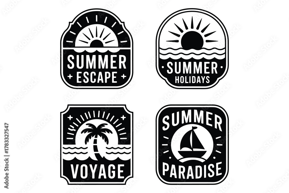 Fototapeta premium Retro Summer Escape Badge Logo Set Black Sun, Palm, Voyage, Holidays, Paradise Vintage Vector Collection