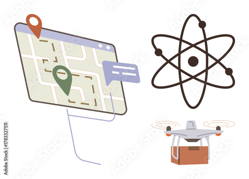 Map with location pins highlights navigation atom symbolizes science and innovation quadcopter carrying a package represents automation. Ideal for technology, innovation, logistics, research