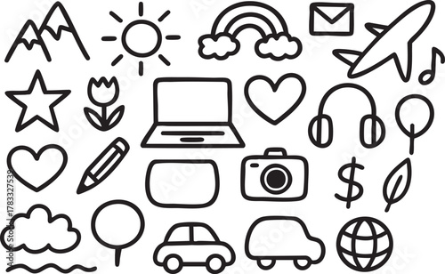 Versatile Hand-Drawn Outline Icon Set: Explore Daily Life, Nature, Travel & Digital World