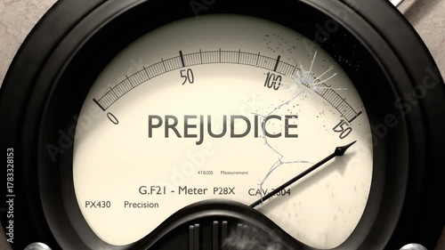 Prejudice meter showing big levels of prejudice. Dangerously increasing high values of prejudice, critical overload. Too much, off the charts. Max prejudice
