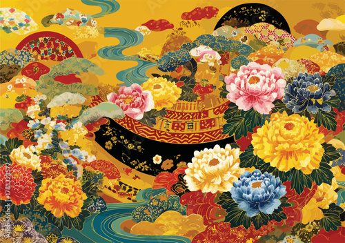 Elegante patrón floral oriental con peonías vibrantes sobre un fondo dorado con elementos de agua.