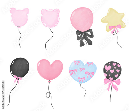 Balloon with Ribbon Pink and black colorful, An array of charming pastel-colored balloons with varying shapes and designs, Holliday decor