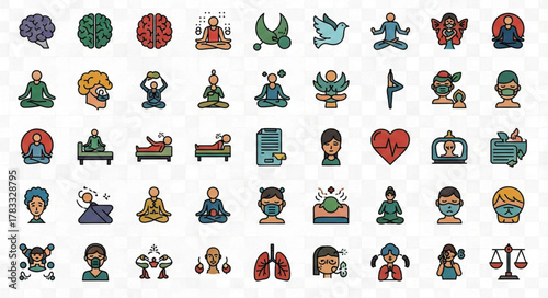 ai generative A calming vector icon sheet featuring 50 mindfulness and mental health icons.