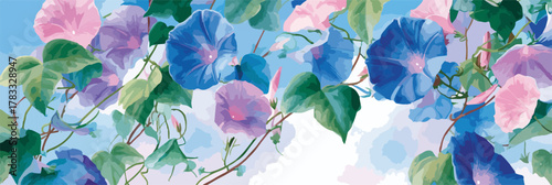 Ilustración vectorial de campanillas azules y rosas vibrantes creciendo en un cielo claro de verano