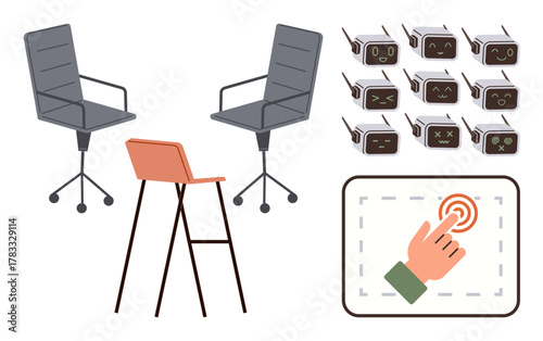 Office chairs, expressive robot faces, and a touchscreen gesture evoke AI, human-tech interaction, workplace trends, automation, robotics, innovation, and user-friendly design in a simple flat